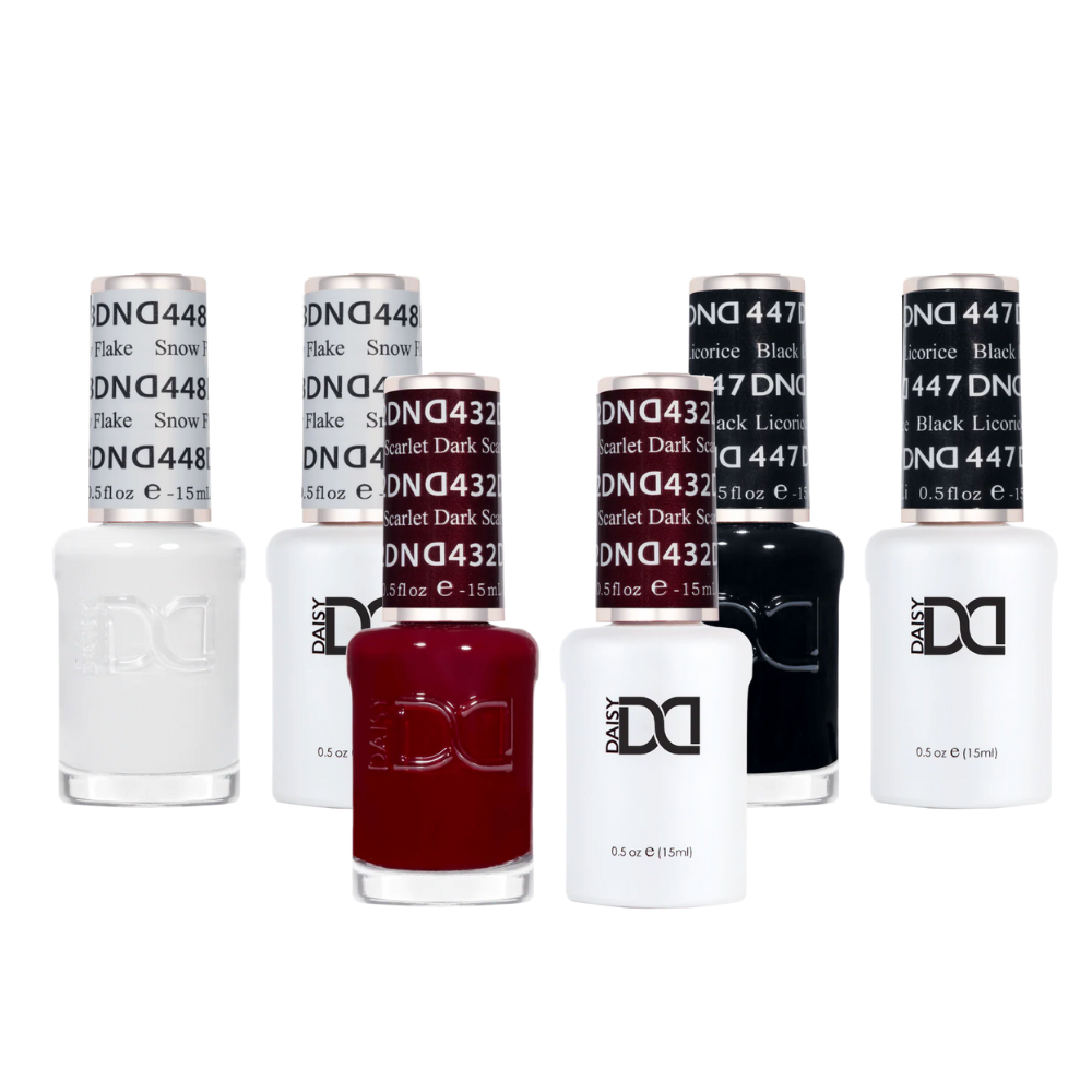 DND 448 Snow Flake, 447 Black Licorice, and 432 Dark Scarlet gel polish trio 