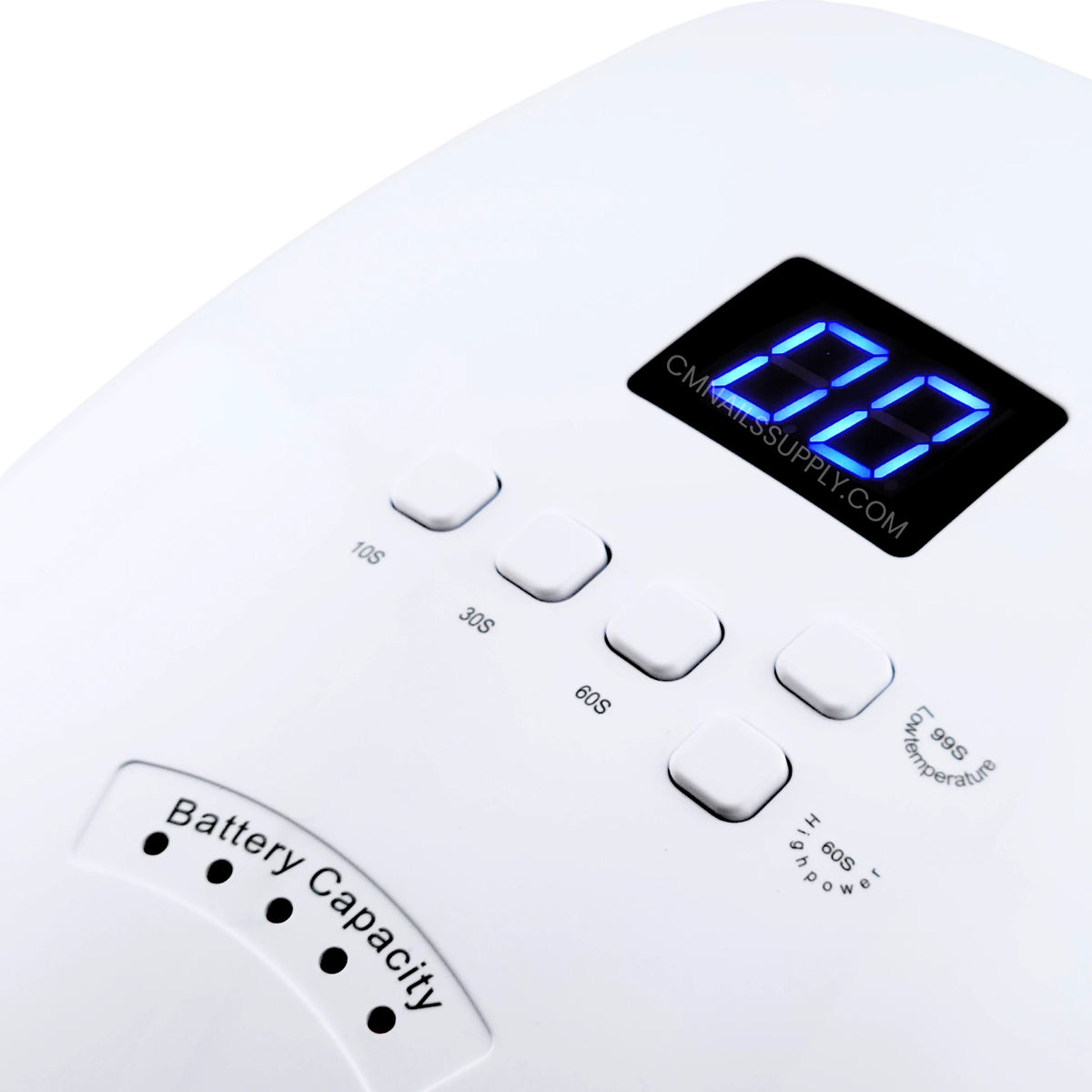 DND UV LED nail lamp for gel nails shown from the side with the digital display visible on the front panel

