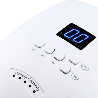 DND UV LED nail lamp for gel nails shown from the side with the digital display visible on the front panel
