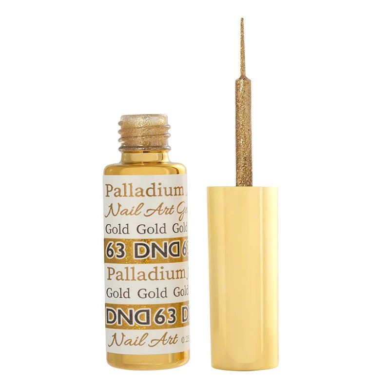 DND 63 Palladium Gold metallic gold gel liner shown as a nail swatch
