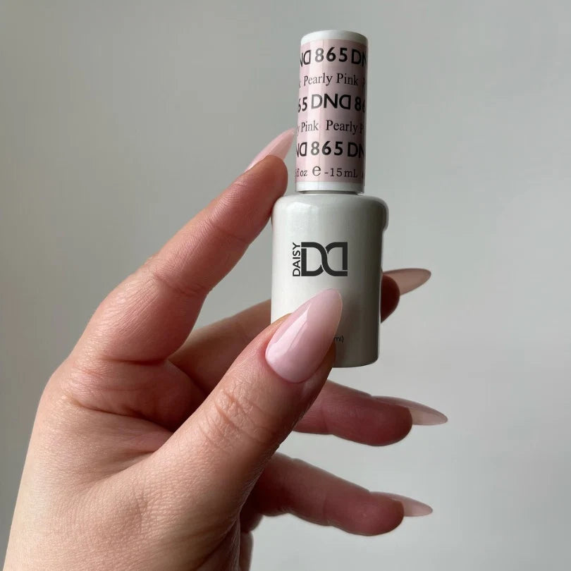 DND Pearly Pink #865 blush pink gel nails with a delicate sheer pearly finish