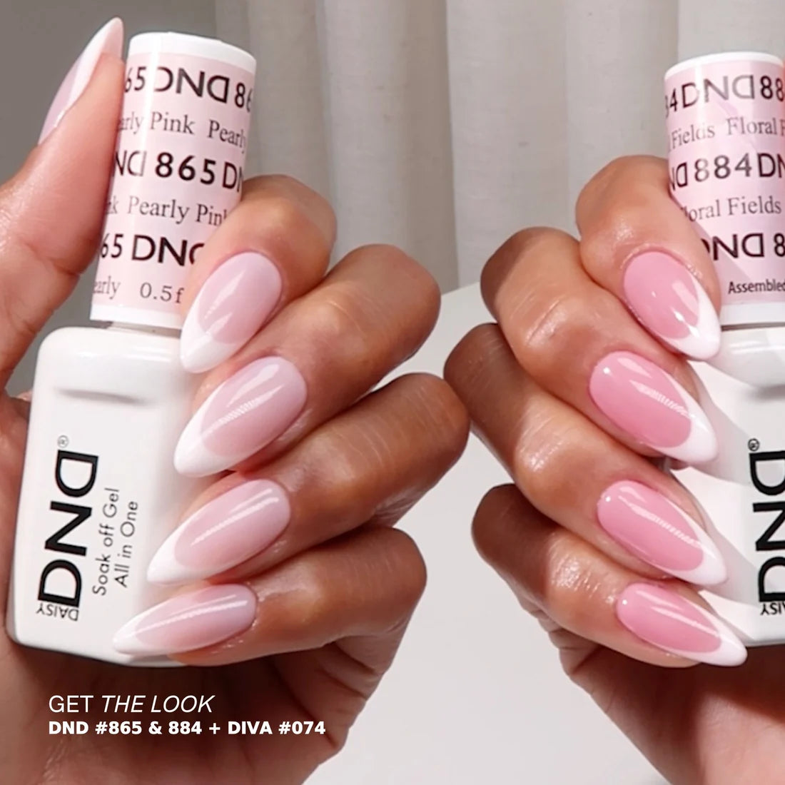 Close-up of a DND Pearly Pink #865 gel manicure showing the sheer pink and pearlescent finish