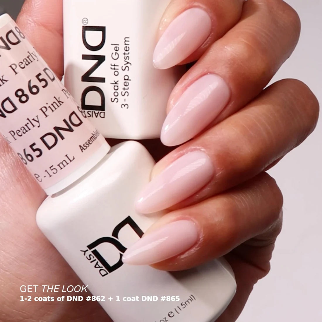 DND Pearly Pink #865 natural-looking manicure in a sheer pearly blush pink gel polish