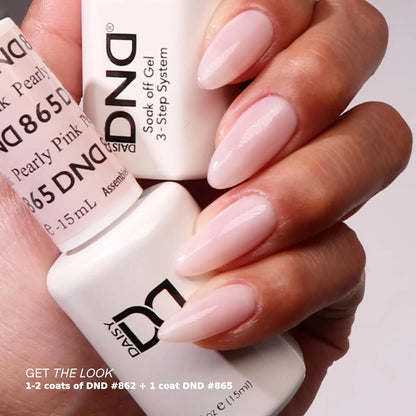 DND Pearly Pink #865 natural-looking manicure in a sheer pearly blush pink gel polish