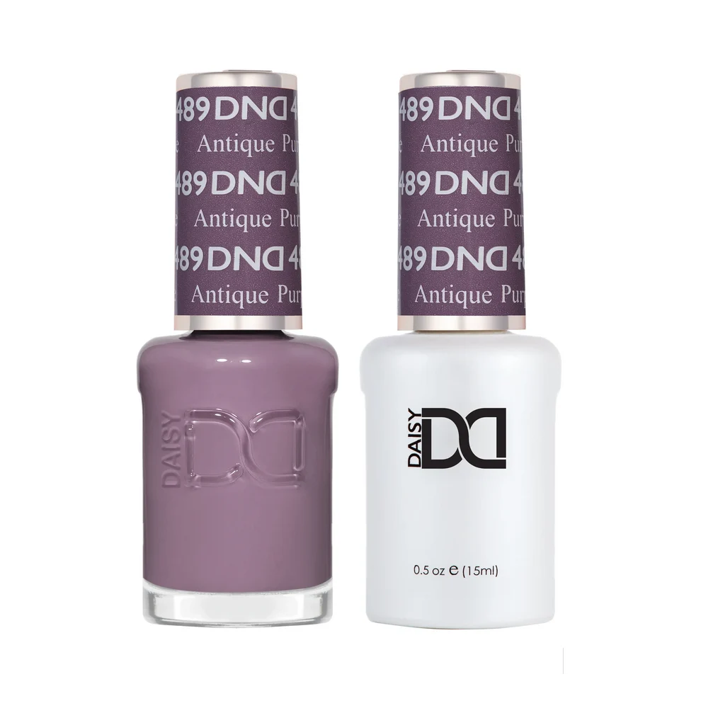 DND Antique Purple #489 Gel & Lacquer Duo featuring matching dusty mauve gel polish and nail lacquer.
