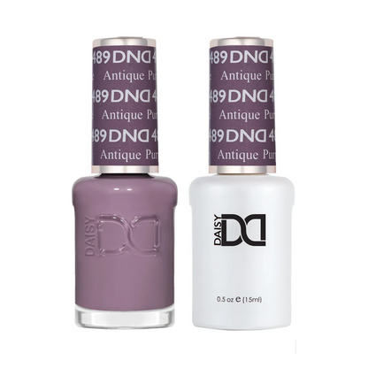 DND Antique Purple #489 Gel & Lacquer Duo featuring matching dusty mauve gel polish and nail lacquer.