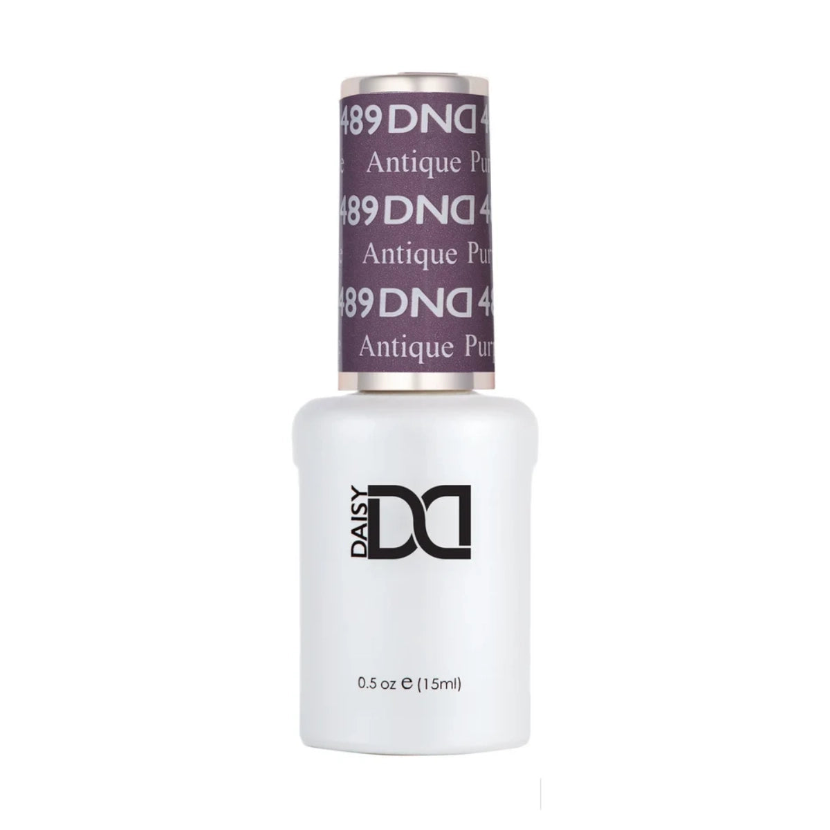 DND Antique Purple #489 gel polish bottle in a cool dusty mauve purple shade.