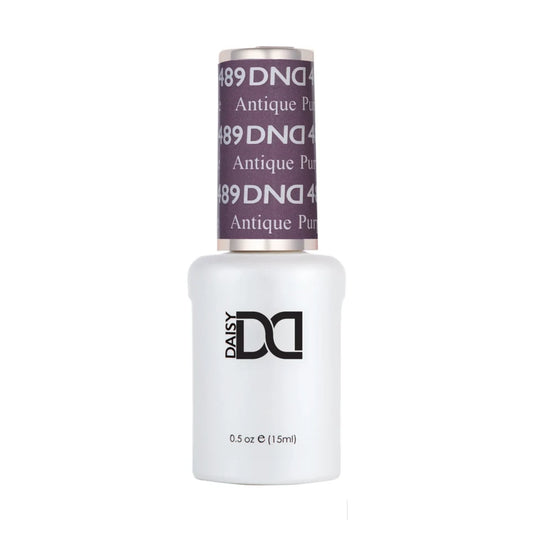 DND Antique Purple #489 gel polish bottle in a cool dusty mauve purple shade.