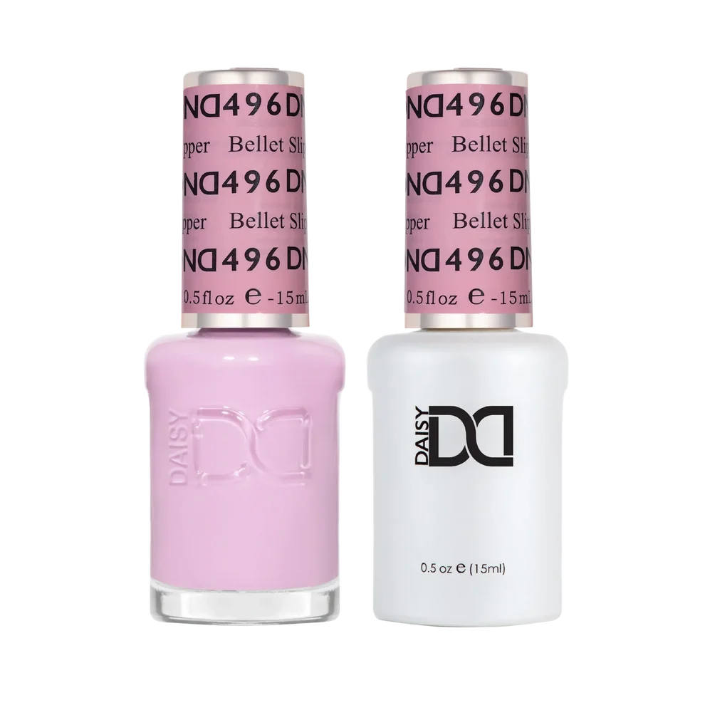 DND Ballet Slipper #496 Gel & Lacquer Duo featuring matching baby pink gel polish and nail lacquer.
