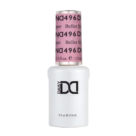 DND Ballet Slipper #496 gel polish bottle in a delicate cool-toned baby pink shade.