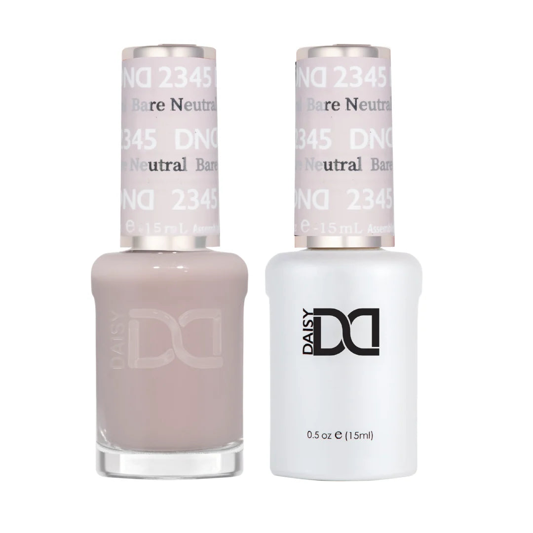 DND Bare Neutral 2345 sheer taupe gel polish and nail polish bottle duo with warm undertones for a natural nail look