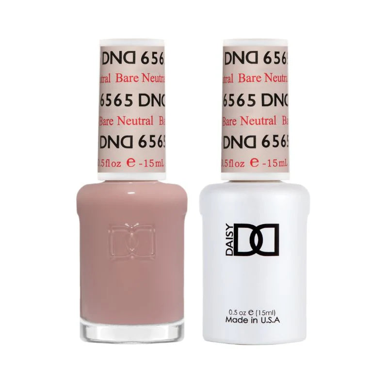 DND Bare Neutral #6565 - Gel & Nail Lacquer Duo - CM Nails & Beauty Supply,DND Bare Neutral 2345 and 6565 gel polish and nail lacquer duo set in a sheer warm taupe shade
