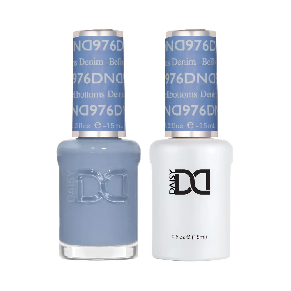 DND Bellbottoms 976 denim blue gel polish and matching lacquer bottles on white background.
