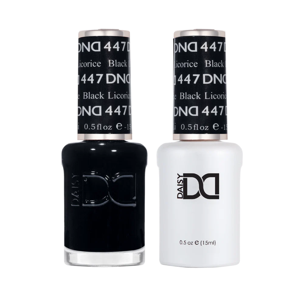 DND Black Licorice #447 Gel & Lacquer Duo featuring matching gel polish and nail lacquer.