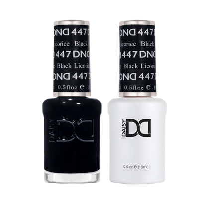 DND Black Licorice #447 Gel & Lacquer Duo featuring matching gel polish and nail lacquer.