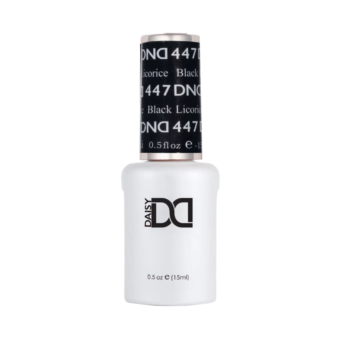 DND Black Licorice #447 gel polish bottle in a deep black nail colour.