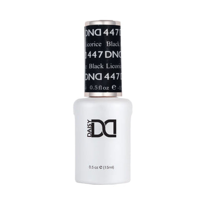DND Black Licorice #447 gel polish bottle in a deep black nail colour.