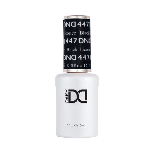 DND Black Licorice #447 gel polish bottle in a deep black nail colour.