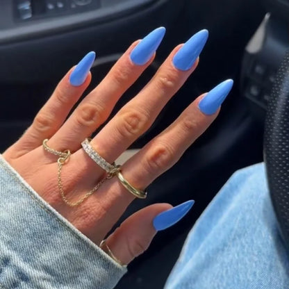 Finger nail painted with DND Blue Earth #575, an earth toned deep sky blue gel polish