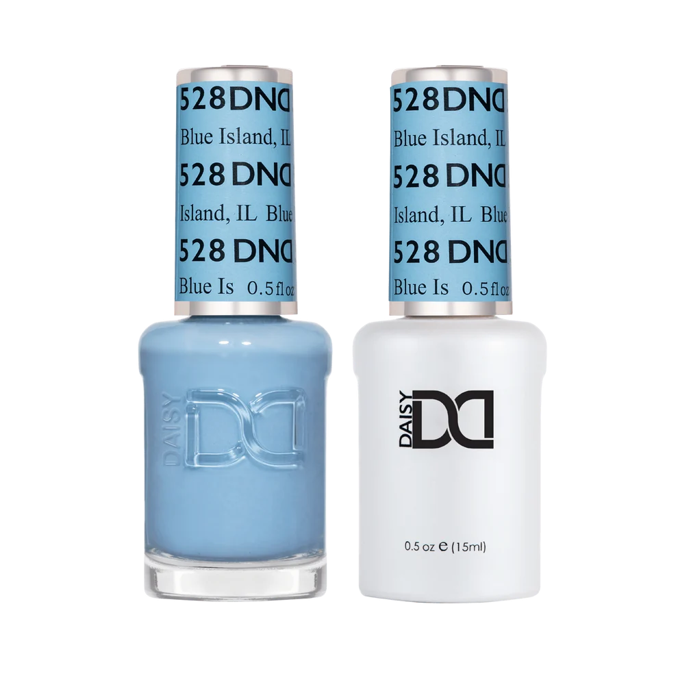 DND Blue Island #528 gel and lacquer duo featuring matching baby blue gel polish and nail lacquer.