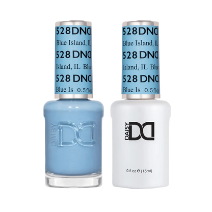 DND Blue Island #528 gel and lacquer duo featuring matching baby blue gel polish and nail lacquer.