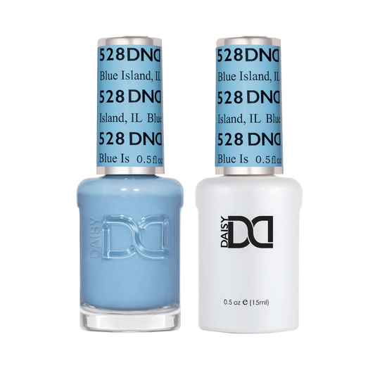 DND Blue Island #528 gel and lacquer duo featuring matching baby blue gel polish and nail lacquer.