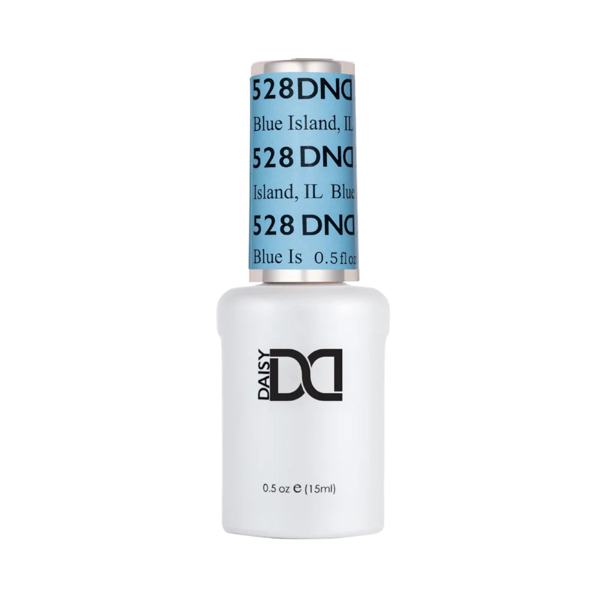 DND Blue Island #528 gel polish bottle in a soft chic baby blue shade.