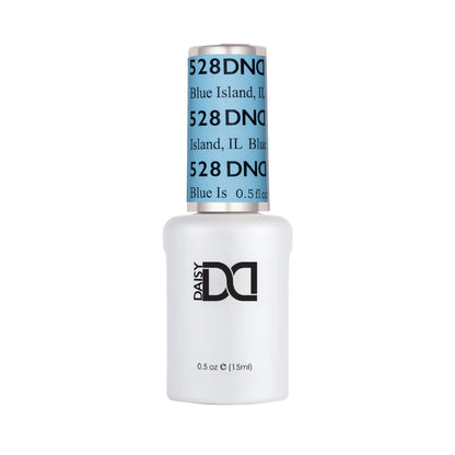 DND Blue Island #528 gel polish bottle in a soft chic baby blue shade.