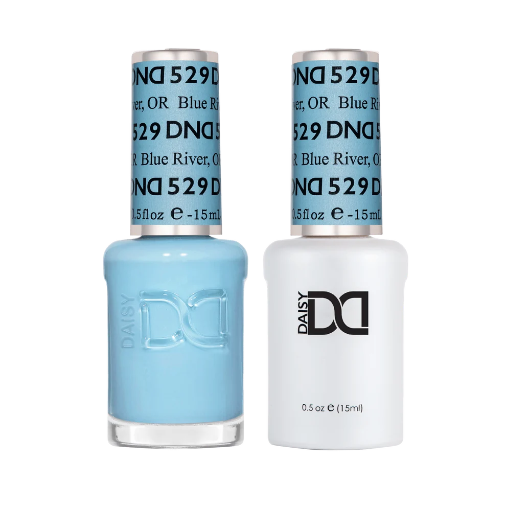 DND Blue River #529 gel and lacquer duo featuring matching minty blue gel polish and nail lacquer.