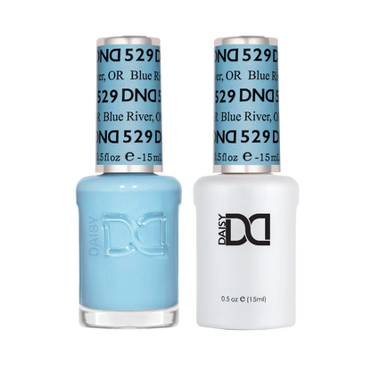 DND Blue River #529 gel and lacquer duo featuring matching minty blue gel polish and nail lacquer.