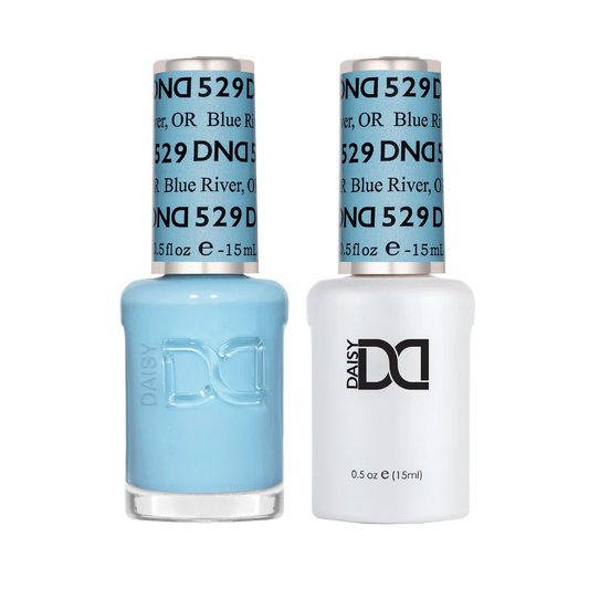 DND Blue River #529 gel and lacquer duo featuring matching minty blue gel polish and nail lacquer.