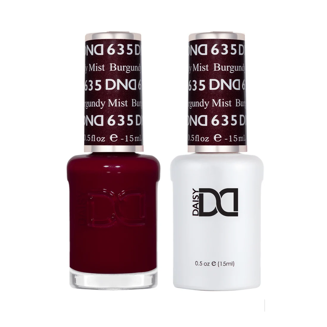 DND Burgundy Mist #635 duo set with matching gel polish and nail lacquer in deep burgundy shade