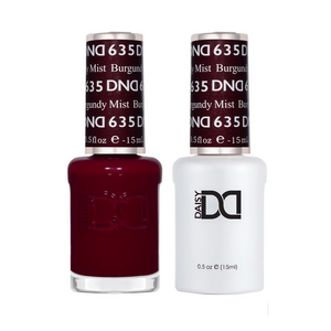 DND Burgundy Mist #635 duo set with matching gel polish and nail lacquer in deep burgundy shade