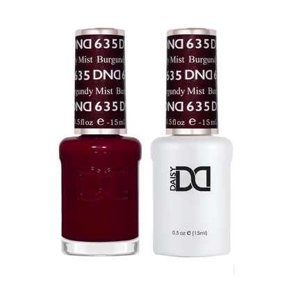 DND Burgundy Mist #635 duo set with matching gel polish and nail lacquer in deep burgundy shade