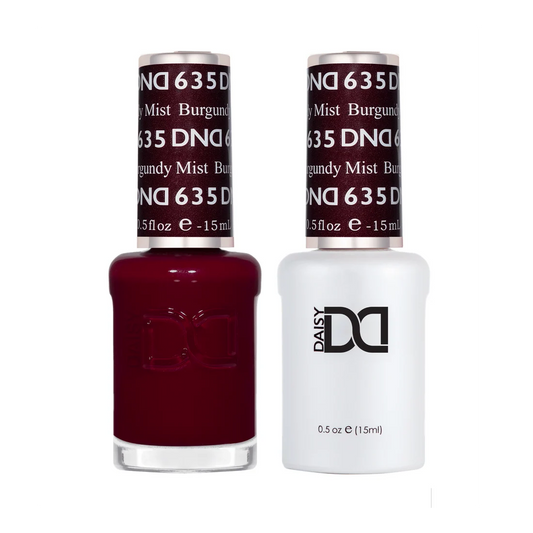 DND Burgundy Mist #635 duo set with matching gel polish and nail lacquer in deep burgundy shade