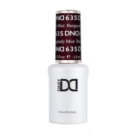 DND Burgundy Mist #635 gel polish bottle showing the deep burgundy nail polish color and label