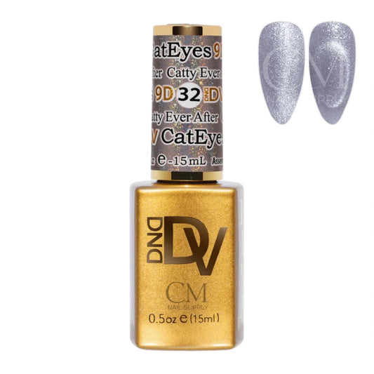DND Diva 9D Cat Eye Gel Polish #32 Catty Ever After bottle with magnetic cat eye nail swatch