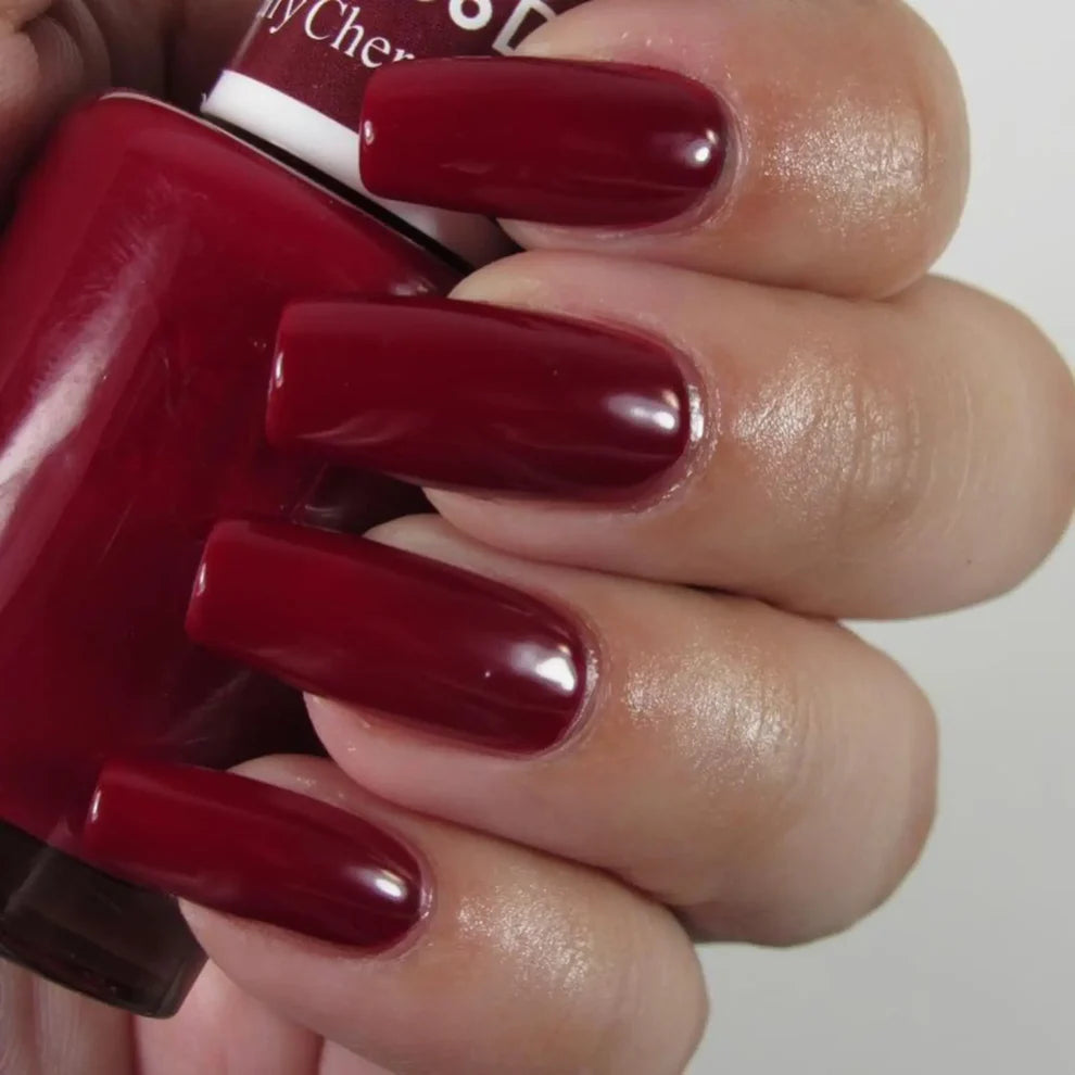 DND Cherry Berry #456 cherry red fall manicure in a deep, rich red gel polish shade.