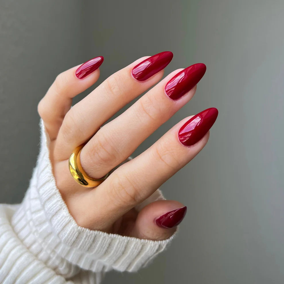 Cherry berry manicure featuring DND Cherry Berry #456 with the matching Gel & Lacquer Duo.