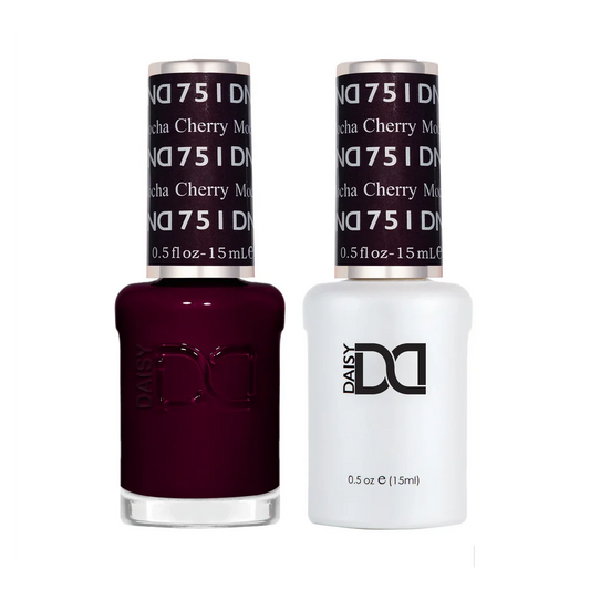 DND Cherry Mocha 751 gel and lacquer duo bottles showing deep cherry brown polish with professional packaging.