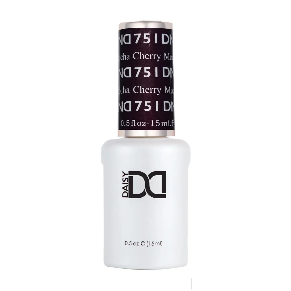 DND Cherry Mocha #751 gel polish bottle, a deep cherry brown gel polish with a red purple undertone from CM Nails Supply