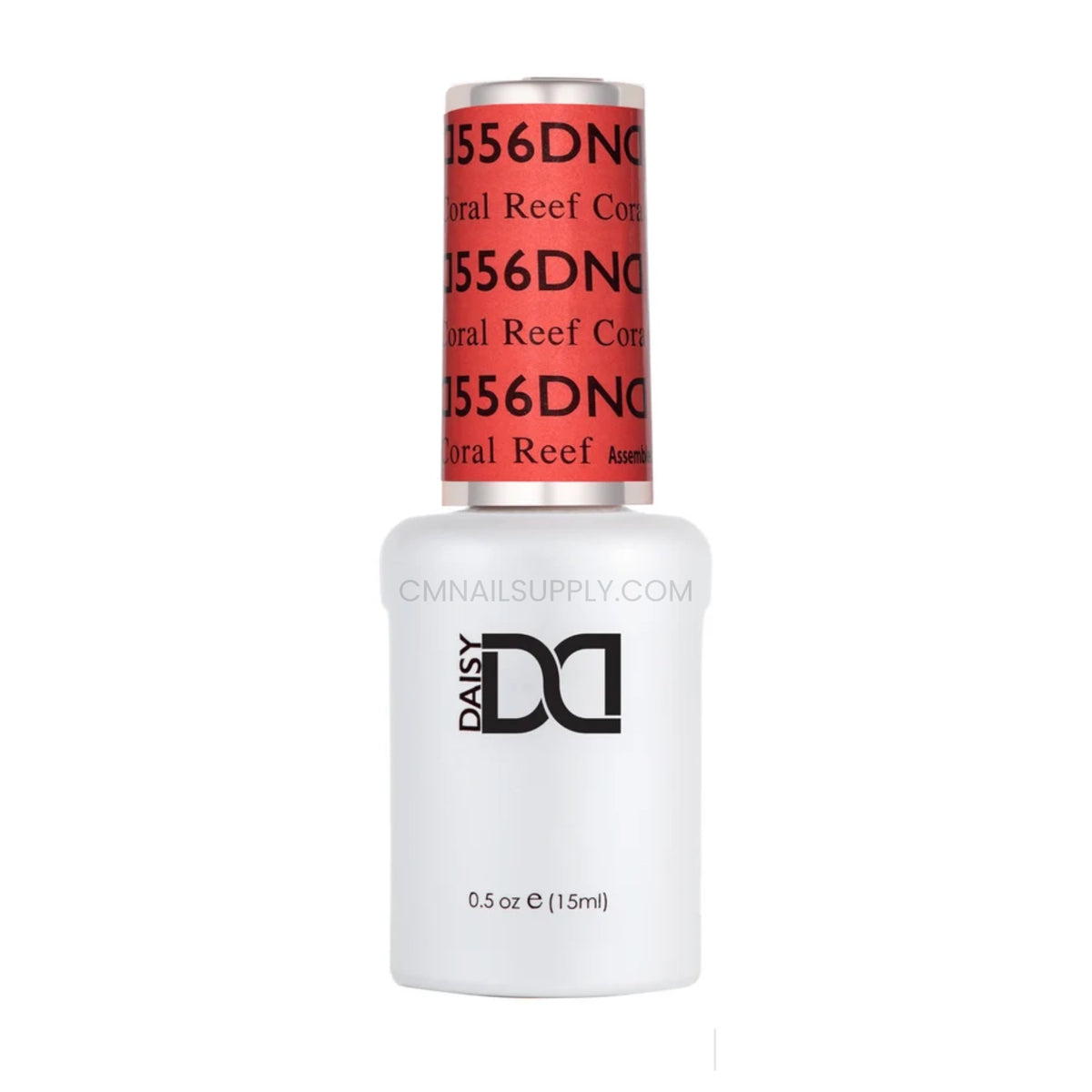 DND Coral Reef #556 gel polish bottle in a juicy neon coral with pink undertones
