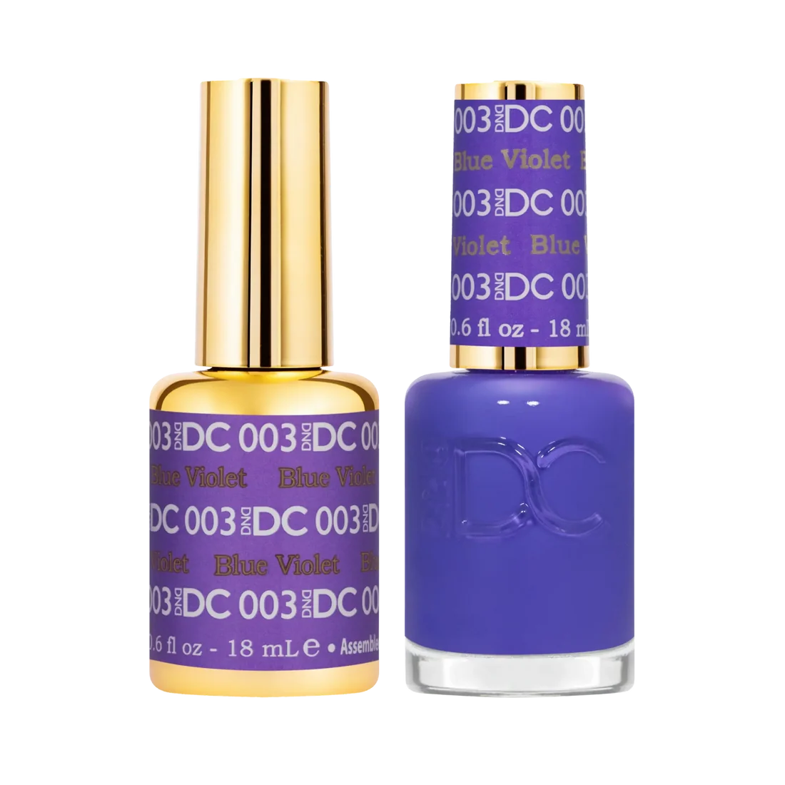 DND DC Blue Violet #003 gel polish and nail polish duo set in royal purple with blue undertones