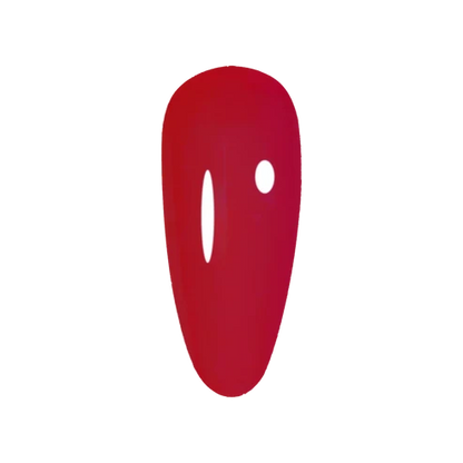 DND DC deep red jelly gel polish swatch for Sinner 029 applied on a nail tip to show the ruby red color with orange undertones