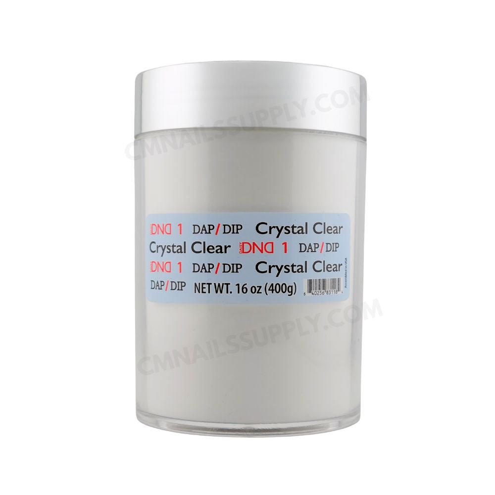 Open jar view of DND DC Dip Powder 001 Crystal Clear 400g displaying powder texture.