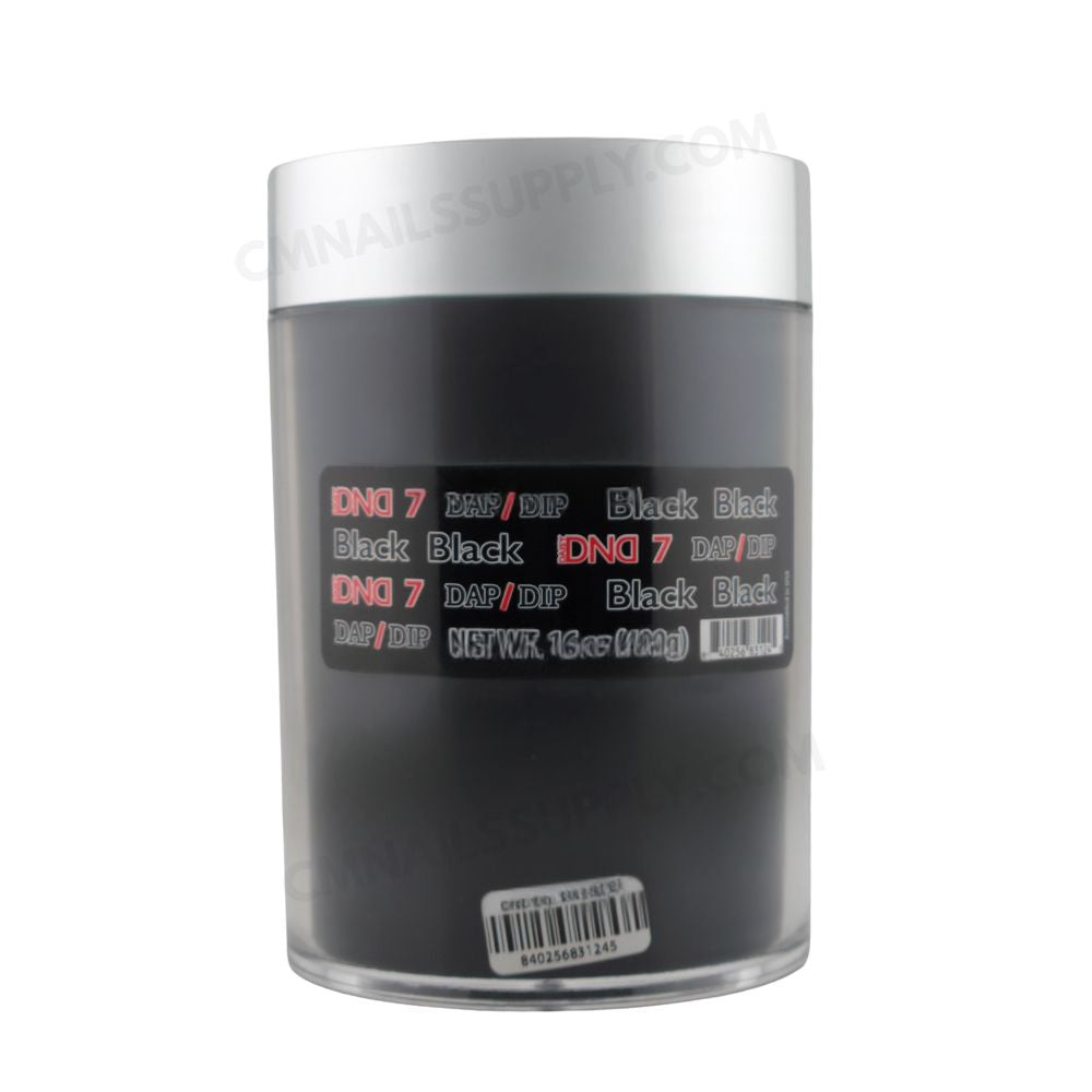 Open jar view of DND DC Dip Powder 007 Black 400g displaying powder color