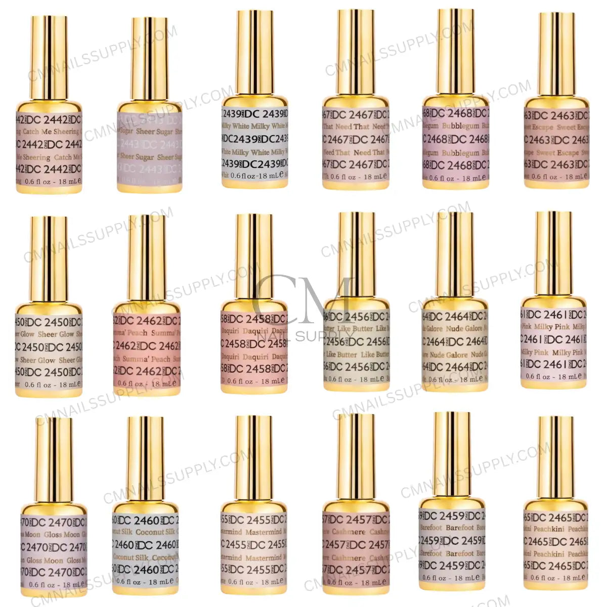 Color swatch chart displaying all 36 shades in the DND DC gel polish collection #13, showing sheer neutral and nude tones side by side