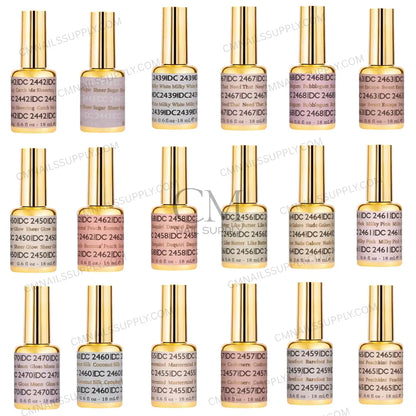 Color swatch chart displaying all 36 shades in the DND DC gel polish collection #13, showing sheer neutral and nude tones side by side