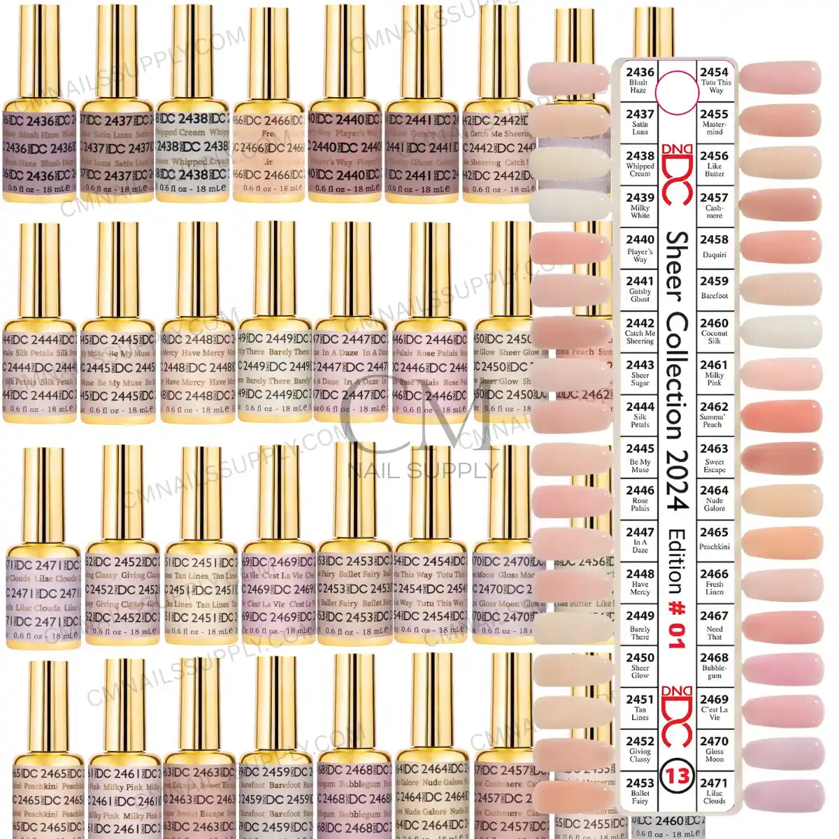 DND DC gel polish collection #13 bundle featuring 36 bottles of soft sheer neutrals, milky nudes, delicate pinks, and warm beiges from CM Nails Supply