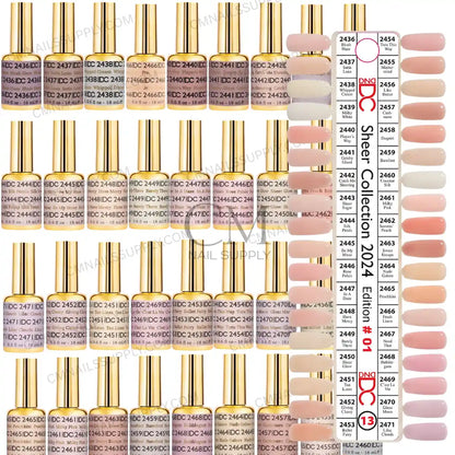 DND DC gel polish collection #13 bundle featuring 36 bottles of soft sheer neutrals, milky nudes, delicate pinks, and warm beiges from CM Nails Supply